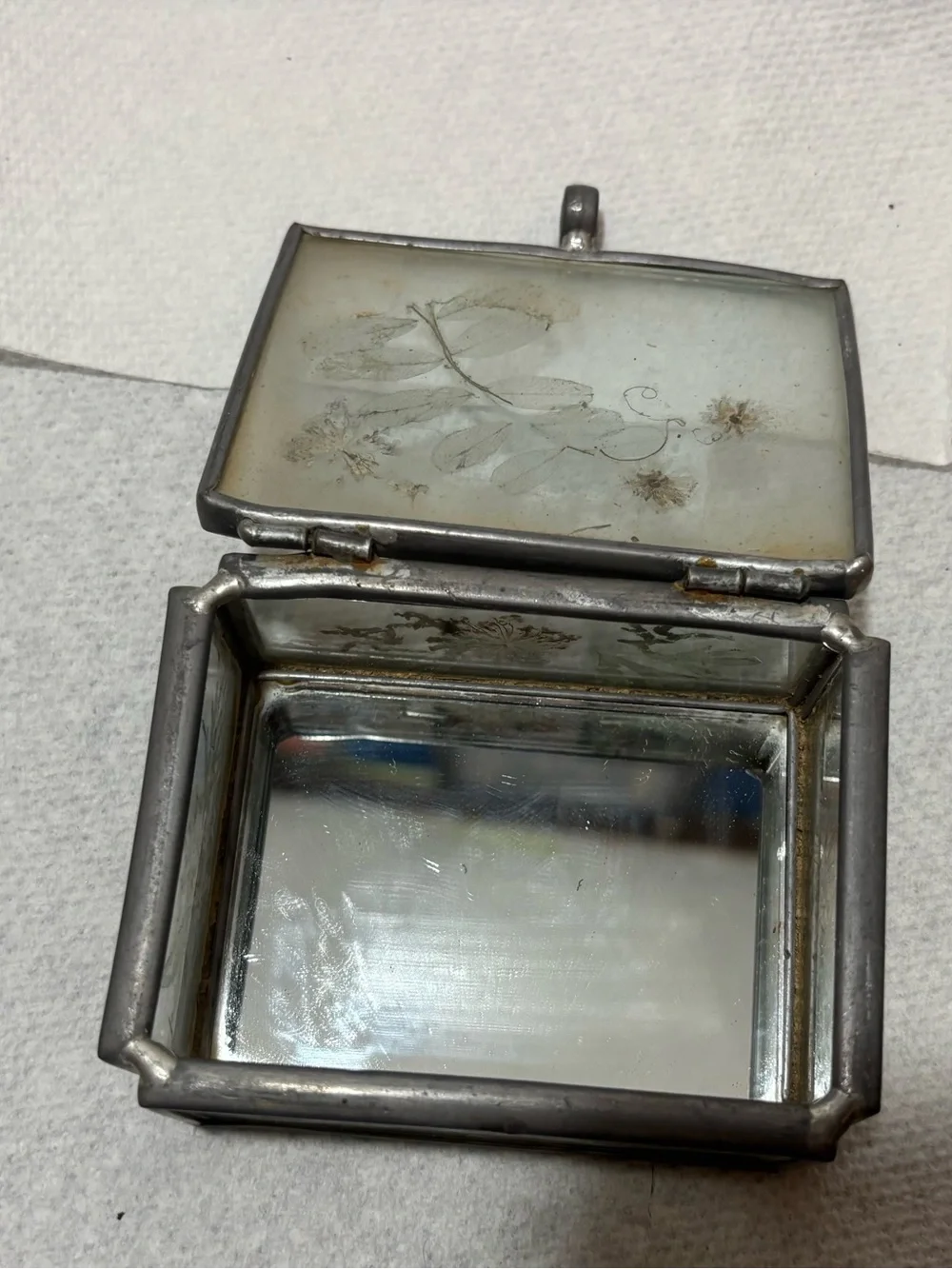 Vintage Leaded Glass Trinket Box with Dried Flowers